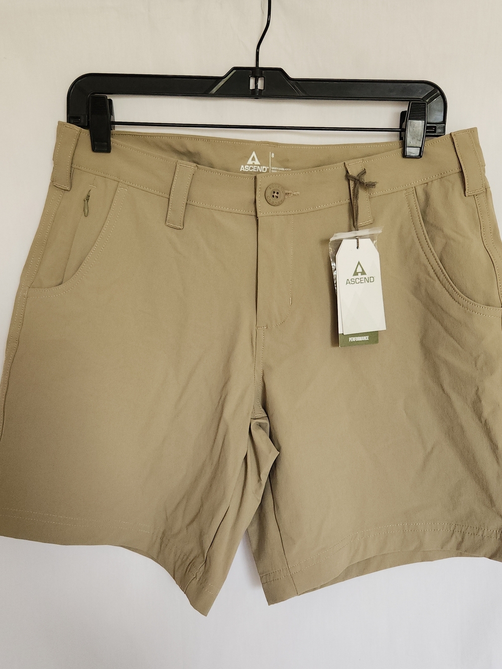 Ascend Stretch Khaki Trail Shorts Recycled Whicking Performance Shorts 7" Size 8